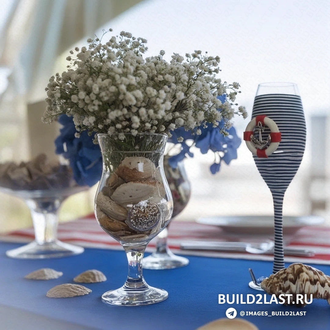 Декоративные ракушки и кораллы на деревянной полке рядом с крупными стеклянными вазы