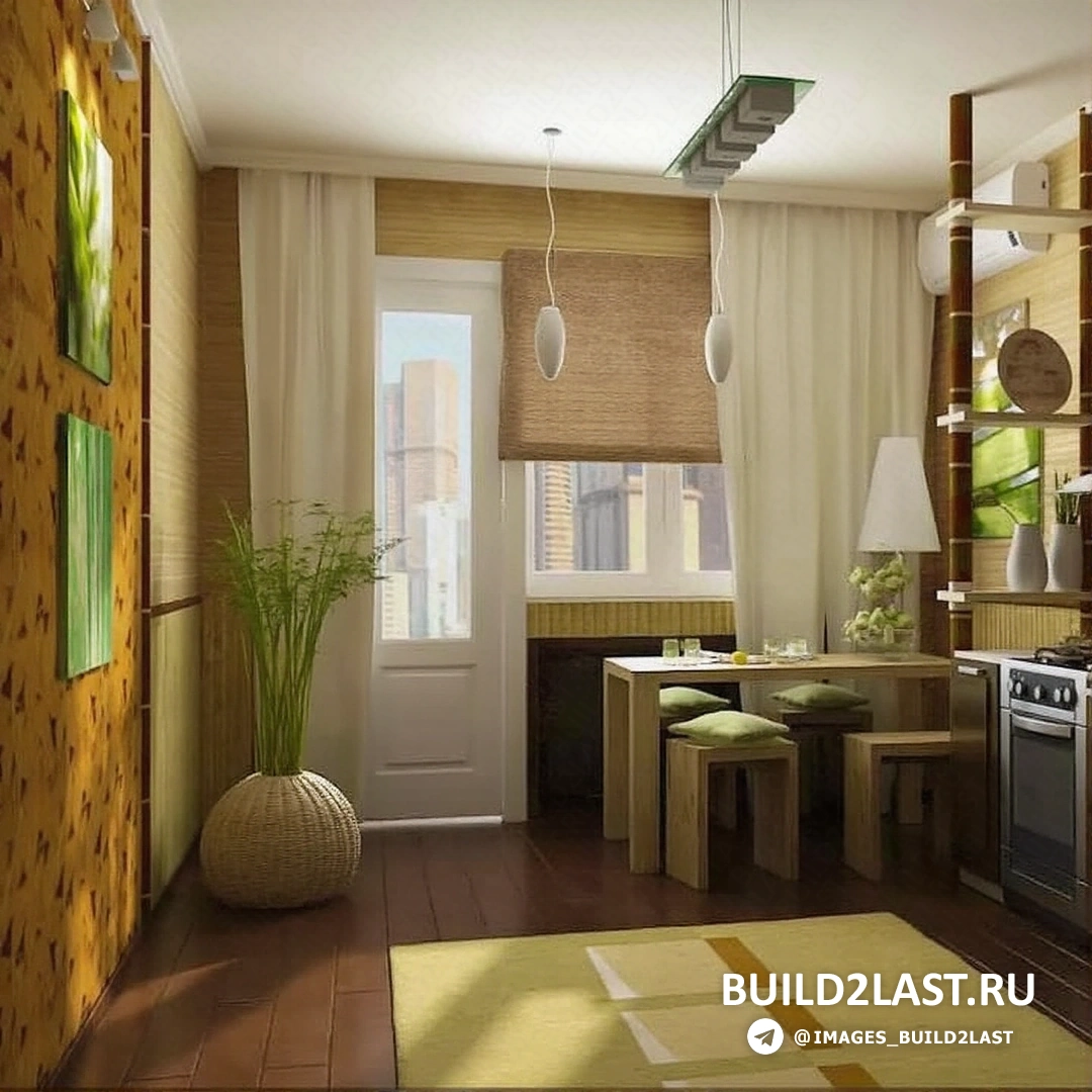 Эко-стиль кухни с бамбуковыми элементами, вытяжка и рулонные шторы