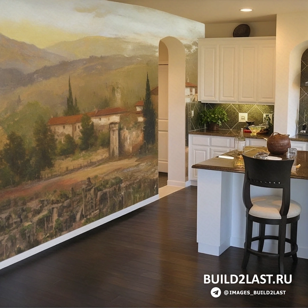 Фотообои на кухне с красными и черными элементами, точечное освещение, наливные полы