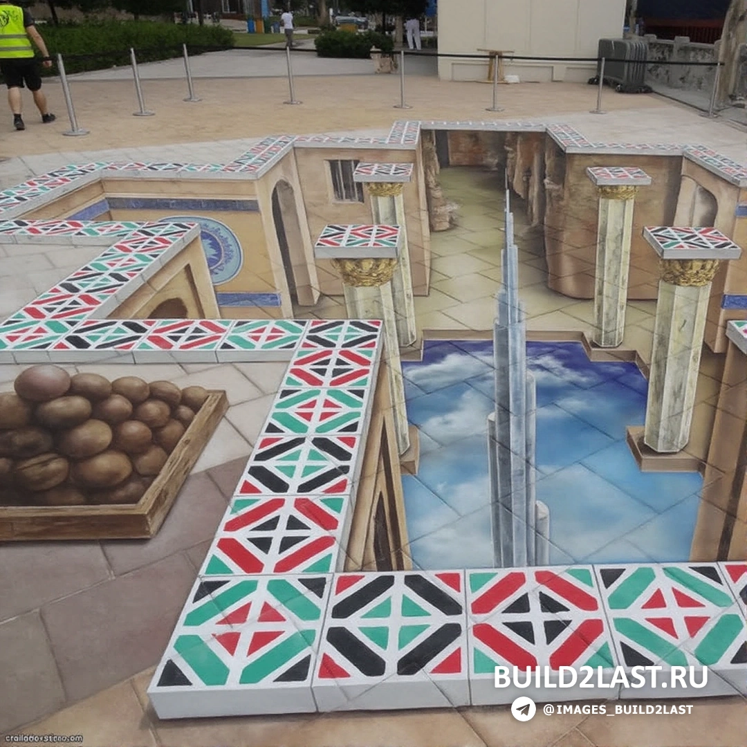 Иллюстрация с 3D рисунком фантастического лабиринта, нарисованного на тротуаре