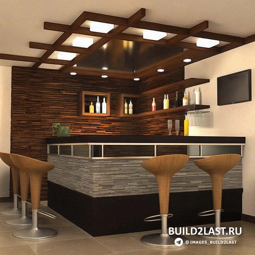 Иллюстрация с барной стойкой в эко-стиле, выполненной из дерева и камня, окруженной светильниками и барными стульями.