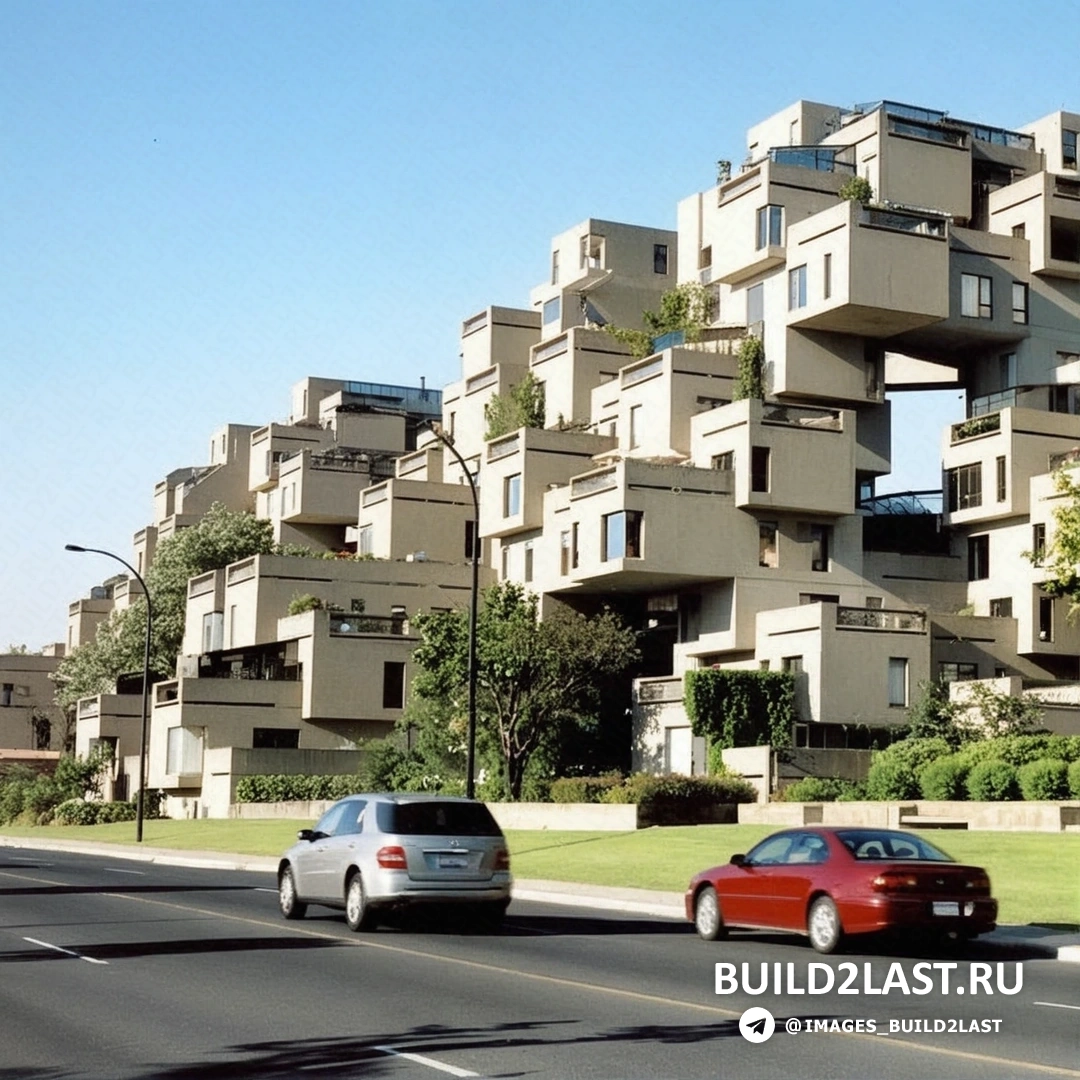 Крупный план жилого комплекса Habitat 67, на котором видно несколько кубических блоков, соединенных между собой