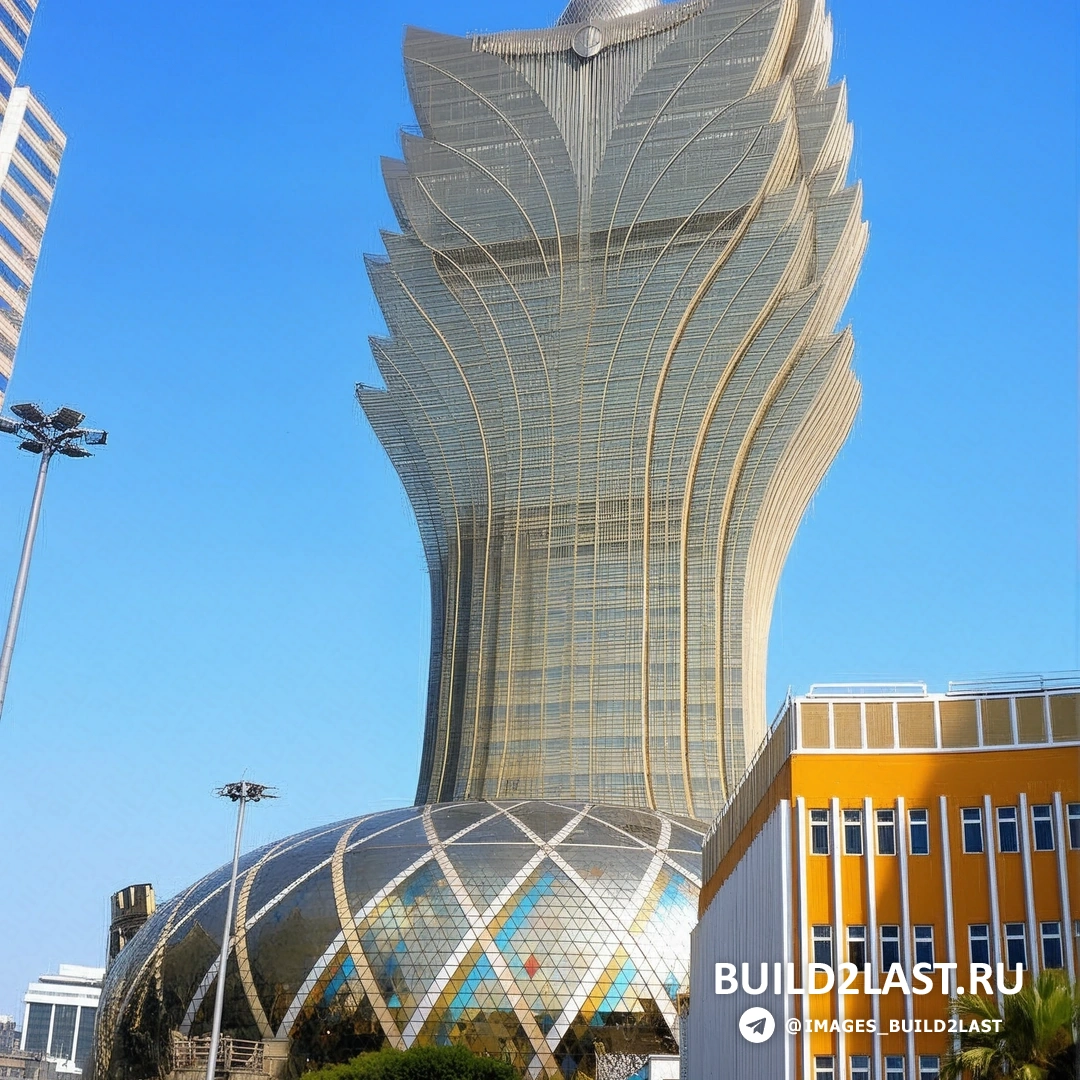 Общий вид на отель-казино Grand Lisboa в Макао с достопримечательностями и био-технологиями