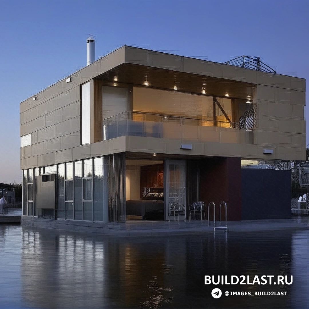 Плавающий дом ночью, огни отражаются на воде
