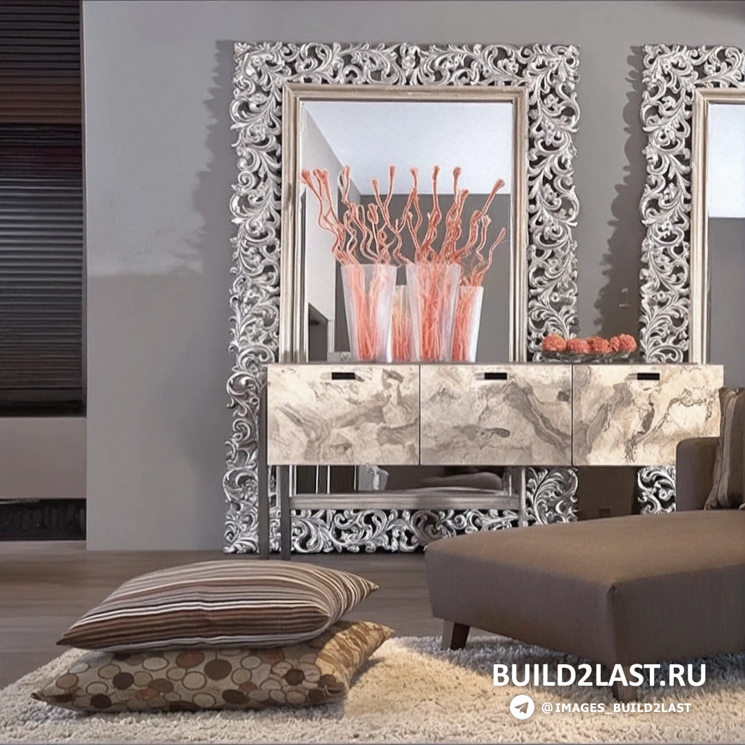 Спальня с зеркальной стеной, кроватью, тканевым декором и люстрами в сочетании с синими и серыми акцентами