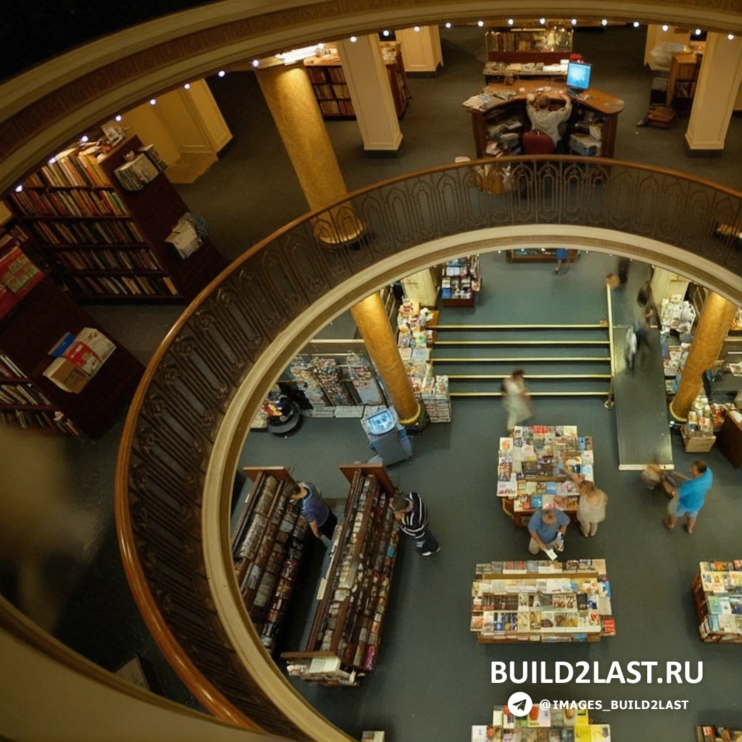 Стеллажи с книгами, колонны, светильники и ламинат в торговом зале El Ateneo, Буэнос-Айрес, Аргентина.