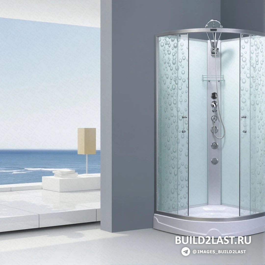Уютная ванная в бежевых тонах с душевой кабиной, точечным освещением и элементами дикий камень.