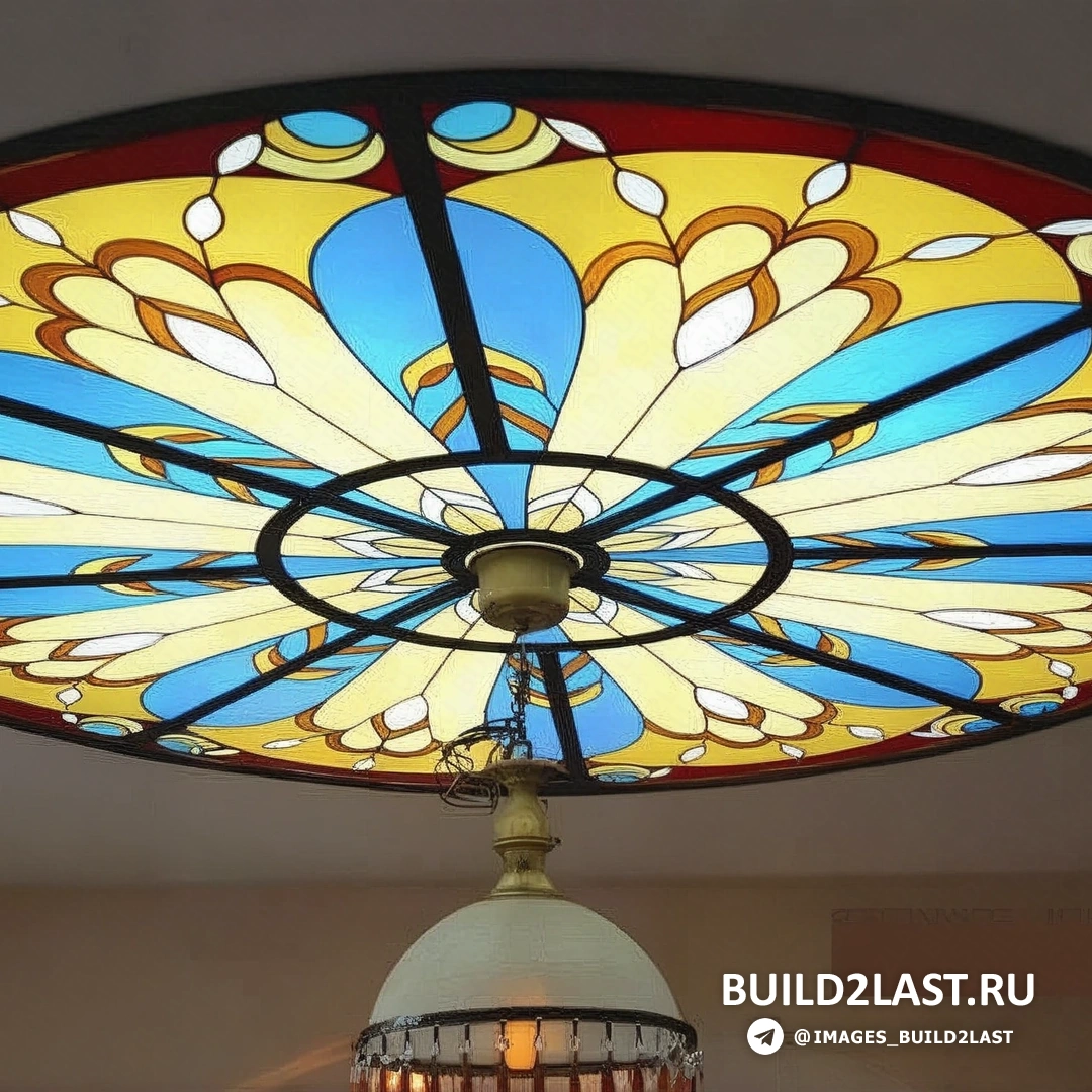Витражи на стекле с голубыми оттенками, люстры, потолочный декор